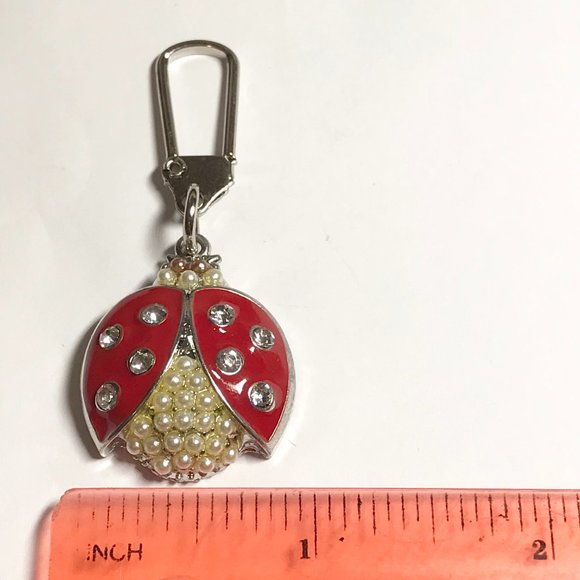 Red Ladybug Keychain Zipper Pull Purse Charm Backpack Pearl Crystal Enamel - Picture 7 of 8